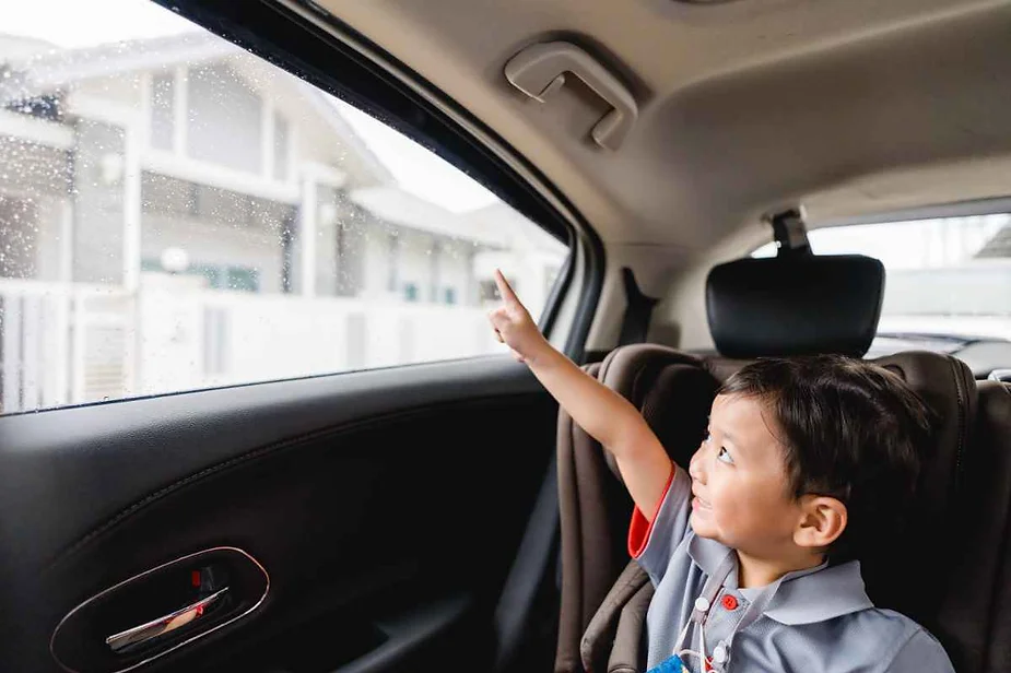 A young child, seated in a car seat, looks out of the car window and points excitedly towards something outside, with a bright expression on their face.