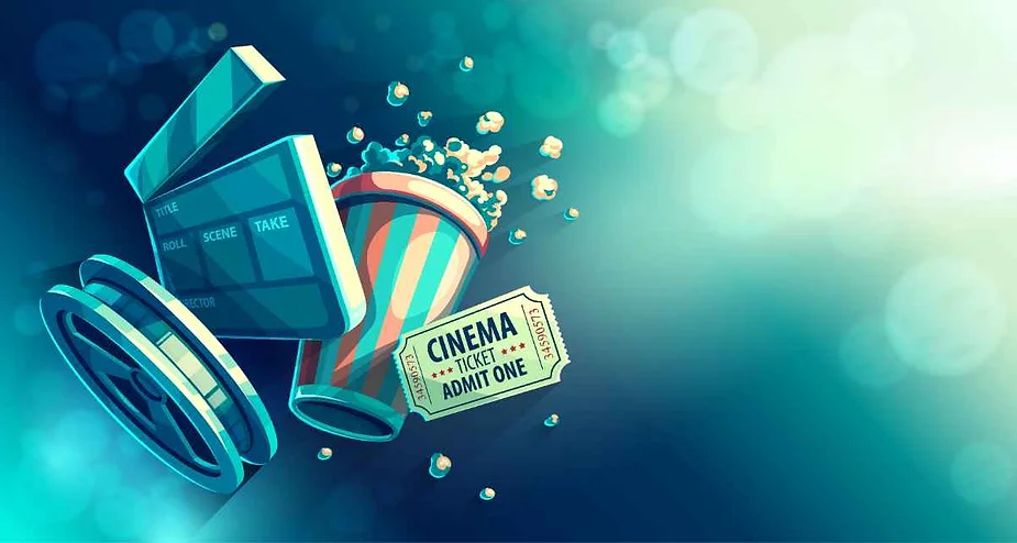 Illustration of movie elements including a film reel, a clapperboard, a popcorn bucket, and a cinema ticket, against a teal background.