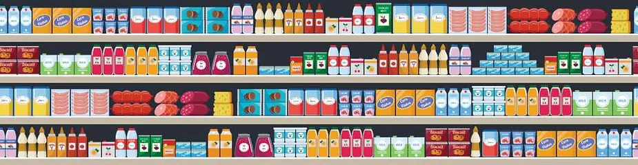 Illustration of supermarket shelves stocked with a variety of food products, including drinks, canned goods, sauces, and packaged meats.