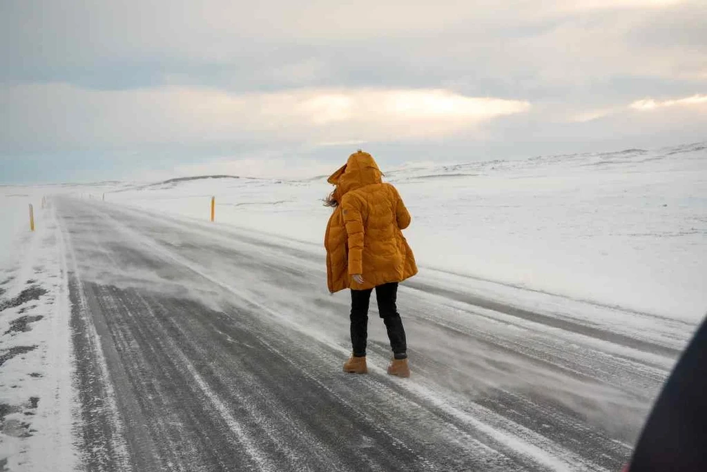 Person in a yellow winter coat walking on a snow-covered road in Iceland during winter, illustrating the harsh and windy conditions typical of the season.