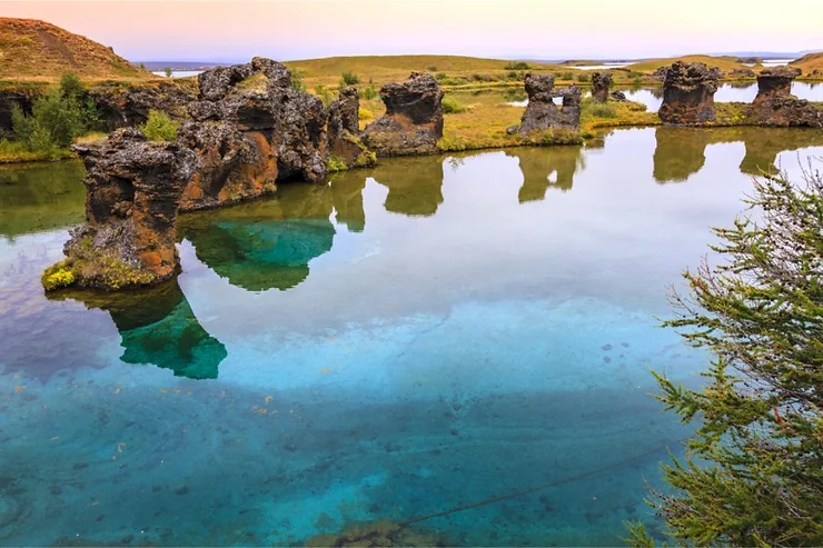 A picturesque view of Lake Mývatn in Iceland, showcasing clear blue waters reflecting unique rock formations and surrounding vegetation. The tranquil scene is set against a backdrop of rolling hills and a pastel sky, capturing the serene beauty and natural wonders of this volcanic region.