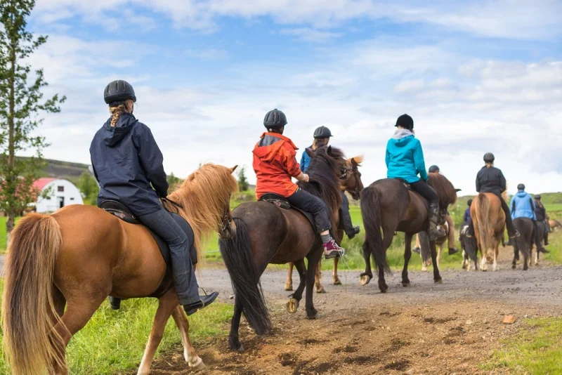 Group of people horseback riding through the scenic countryside in Iceland, wearing helmets and colorful jackets, under a partly cloudy sky.