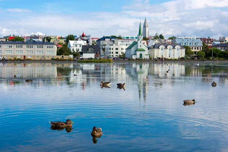 A scenic view of Reykjavik with ducks swimming in a calm lake in the foreground, colorful buildings, and the iconic Hallgrímskirkja church in the background.