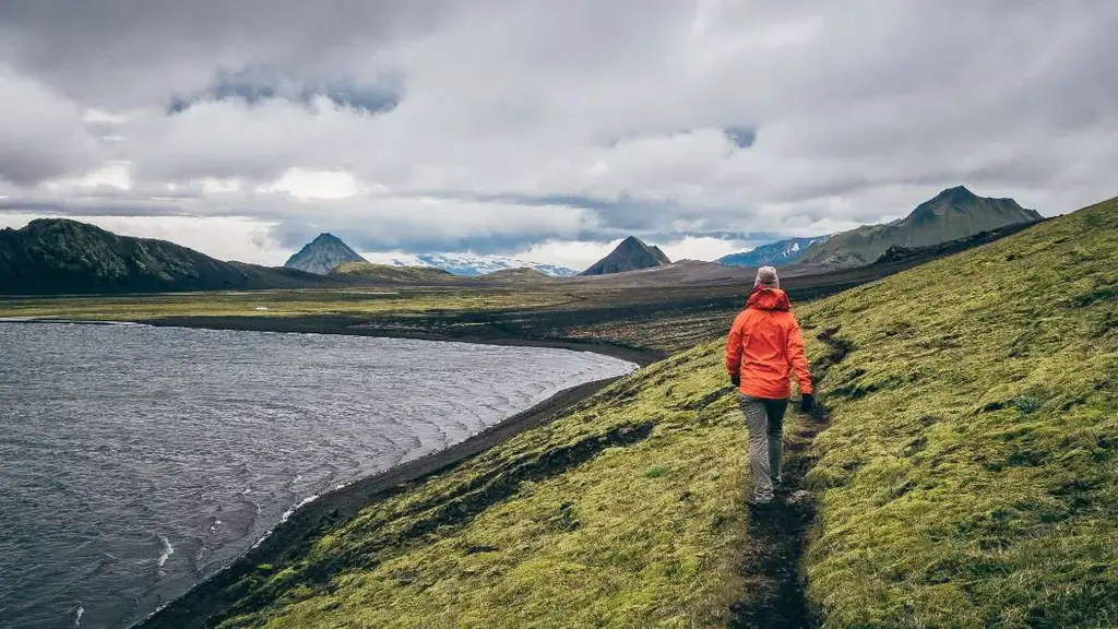 A hiker dressed in an orange jacket and gray pants is walking along a narrow trail by a lake in Iceland. The landscape features rolling green hills and mountains under a cloudy sky, with the trail curving gently along the shoreline. This image evokes a sense of solitude and connection with nature, showcasing the serene beauty and rugged terrain of Icelandic hiking trails.