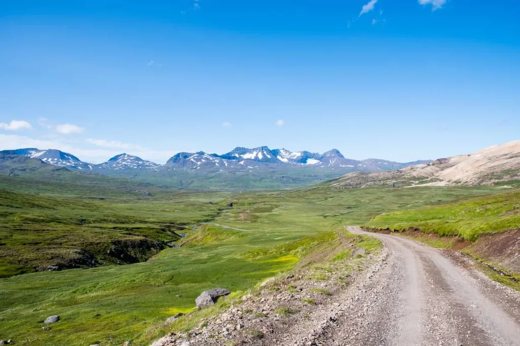 A gravel road winding through the Viknaslodir Trails in Iceland, set against a backdrop of rolling green valleys and distant snow-capped mountains. The clear blue sky stretches overhead, highlighting the vastness of the landscape. The path leads the eye through the serene, open terrain, inviting exploration and adventure. The scene captures the untouched beauty and tranquility of this remote hiking destination, offering a sense of peace and the promise of discovery.