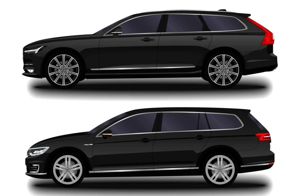 Illustration showing two black station wagons, one above the other, to compare car sizes. The top car appears slightly larger with a more elevated rear section, while the bottom car is slightly smaller with a more streamlined profile. Both cars are shown in side view, highlighting their dimensions and design features.