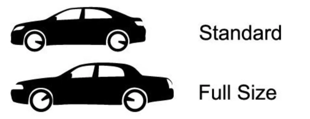 A simple graphic showing the silhouettes of two car types, labeled as 'standard' and 'full size'. The top silhouette represents a more compact design, while the bottom depicts a larger, more spacious full-size type.