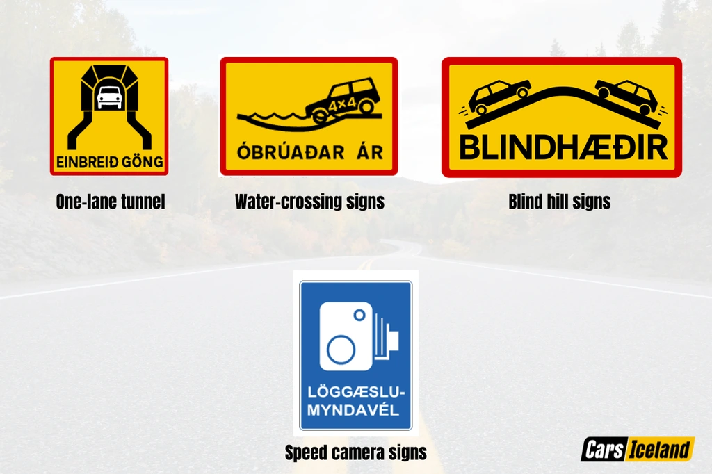 A collection of unusual road signs in Iceland, including one-lane tunnel, water-crossing signs, blind hill signs, and speed camera signs.