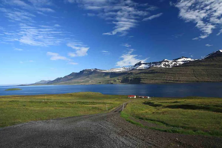 A picturesque view of Reydarfjordur fjord in Iceland, showcasing a gravel road leading down to the water, with green fields, small houses, and snow-capped mountains in the background.