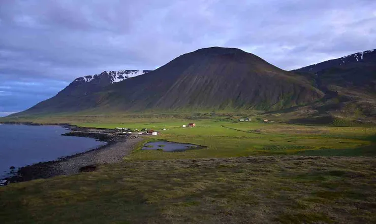 A picturesque view of Skagafjordur fjord in Iceland, showcasing a rugged coastline with a pebble beach, green fields, scattered farm buildings, and a towering mountain in the background under a cloudy sky.