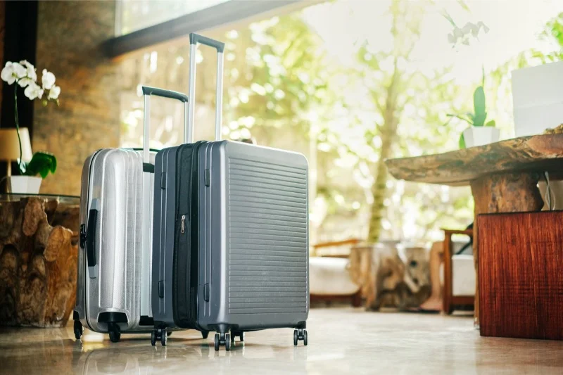 Two sleek suitcases, one silver and one gray, standing upright in a well-lit, stylish lobby with wooden decor and greenery in the background.