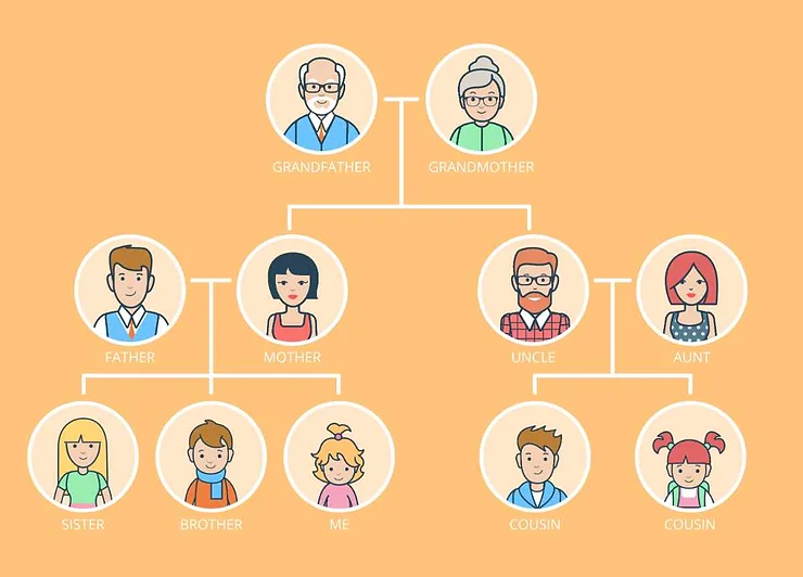 Illustration of a family tree showing relationships between family members, including grandfather, grandmother, father, mother, uncle, aunt, sister, brother, me, and cousins.