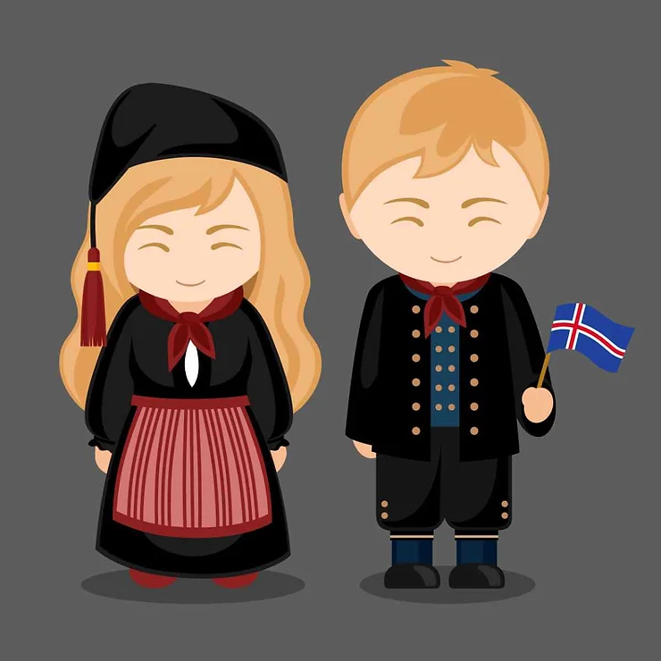 Cartoon illustration of a boy and girl wearing traditional Icelandic clothing. The girl has long blonde hair and is wearing a black dress with a red-striped apron and a hat, while the boy is dressed in a black suit with a red scarf and is holding an Icelandic flag.