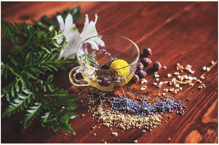 A glass teacup filled with traditional Icelandic herbal tea, surrounded by various dried herbs and spices on a wooden table. Green fern leaves and a white flower are placed nearby, highlighting the natural and organic ingredients used in the tea.