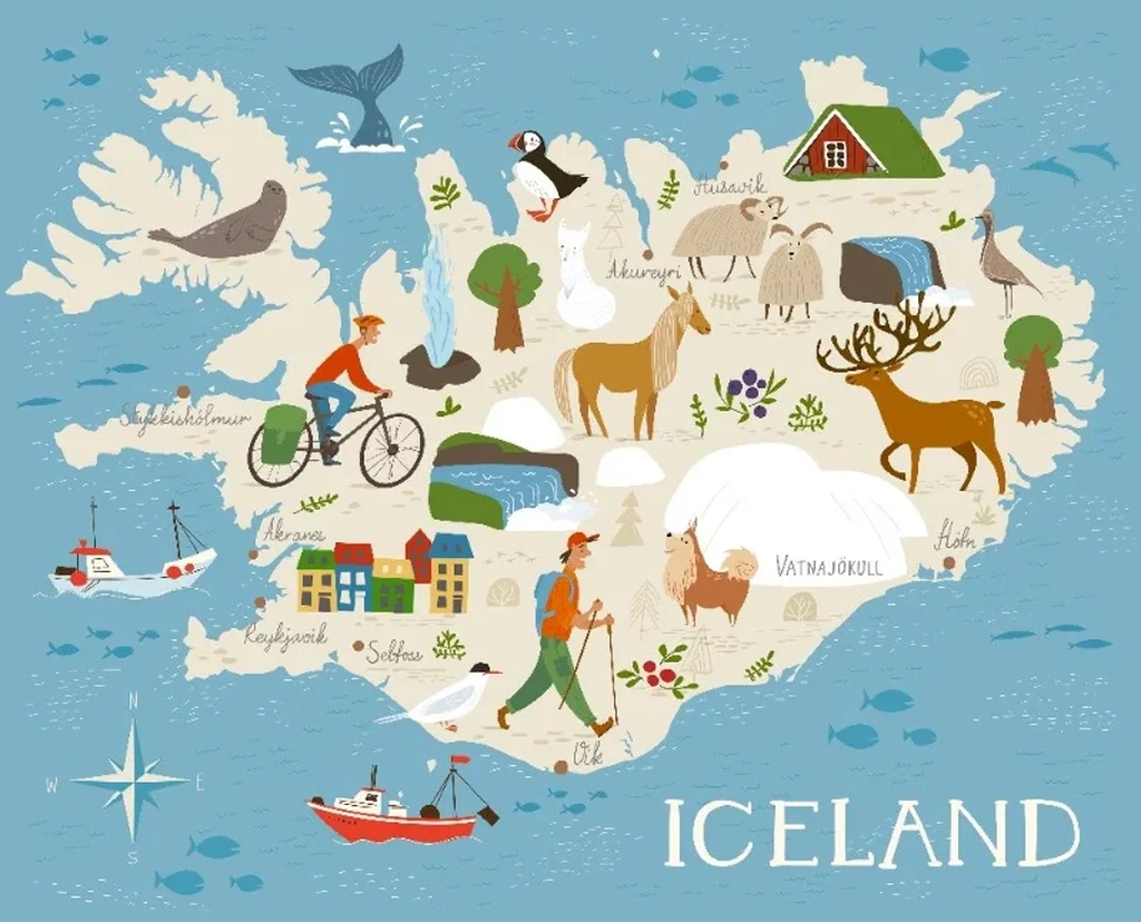 Illustrated map of Iceland highlighting popular attractions and activities, including wildlife, landmarks, and outdoor adventures like cycling and hiking