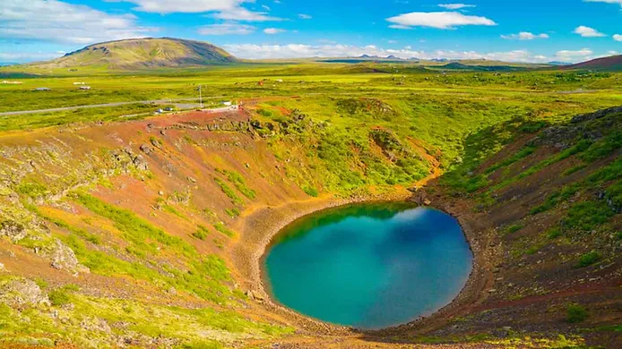 Aerial view of kerid crater and its caldera lake