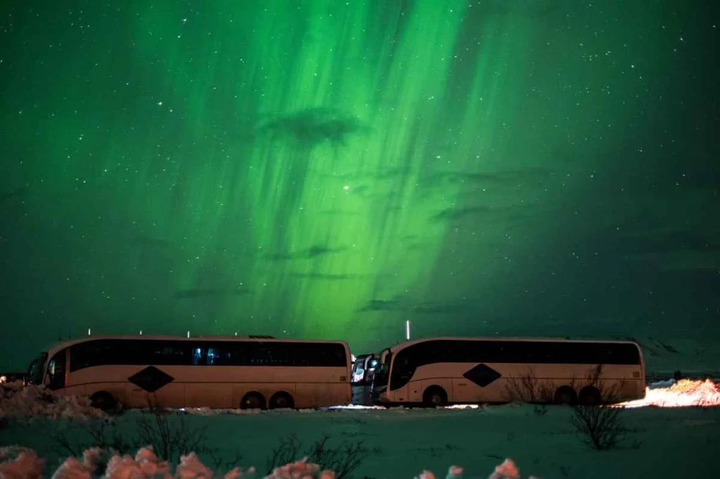 Two buses parked under the mesmerizing display of the Northern Lights in Iceland, with vibrant green auroras lighting up the night sky.