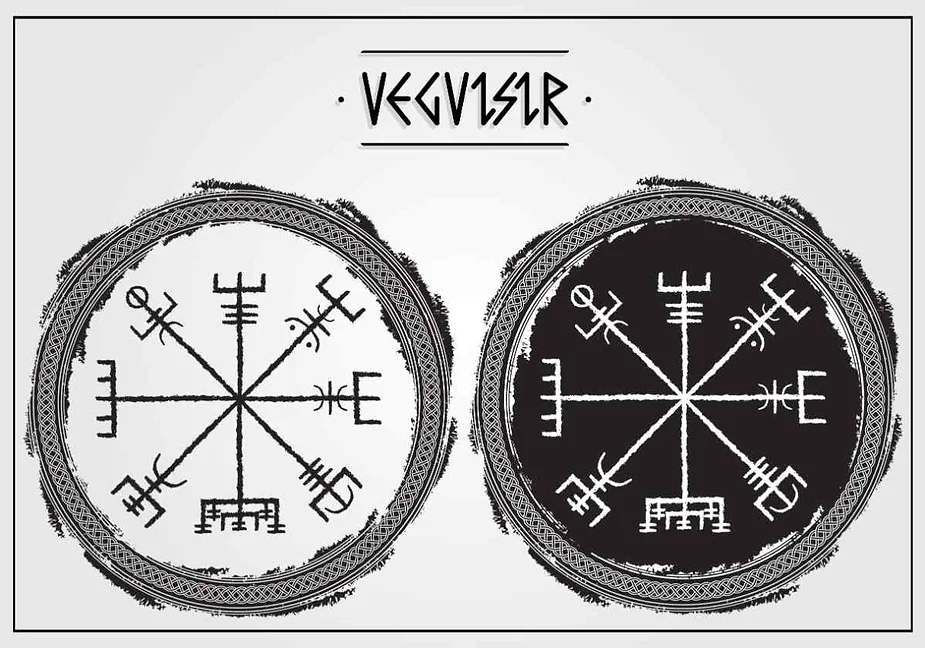 Dual illustration of the Norse Vegvisir symbol in black and white variations, showcasing ancient Viking compass used for protection and guidance.