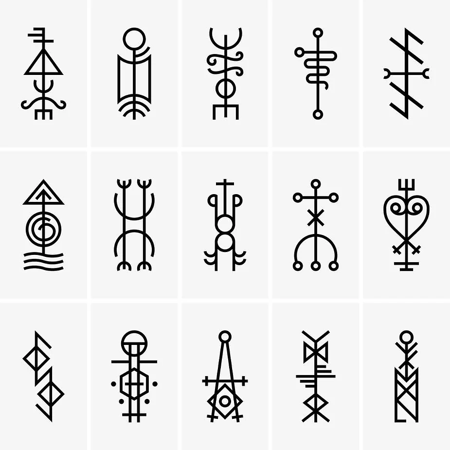 Collection of 15 Icelandic magical staves (Galdrastafir), each symbol representing different protective and mystical meanings in Norse culture.