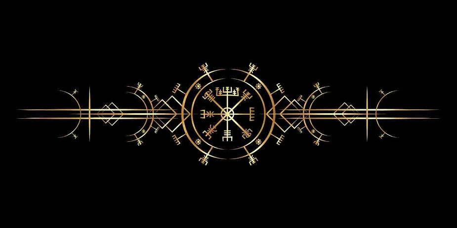 Elegant gold Vegvisir symbol with intricate geometric patterns and runic inscriptions on a black background, representing protection and guidance.