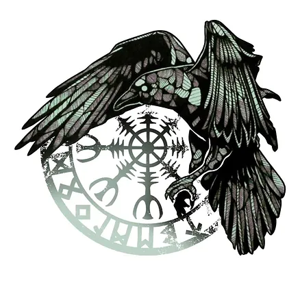 Illustration of a raven perched on a Norse Vegvisir symbol with runic inscriptions, representing wisdom and guidance in Viking mythology.