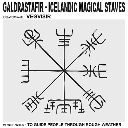 Vegvisir, an Icelandic magical stave, illustrated with the meaning 'to guide people through rough weather,' emphasizing its protective role in Norse culture.