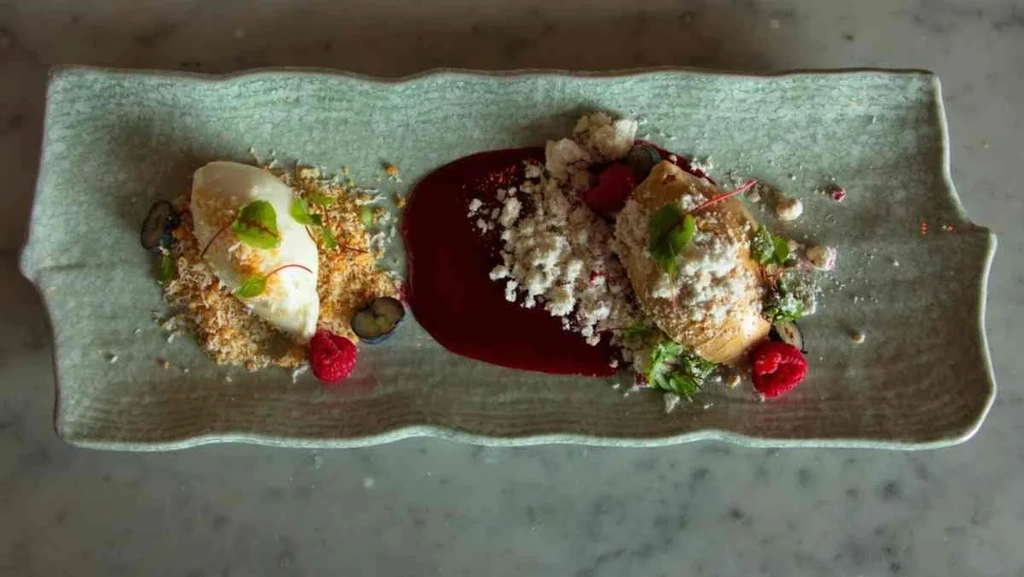 Gourmet Icelandic dessert beautifully presented on a ceramic plate, featuring a combination of ice cream, fresh berries, and artistic garnishes.