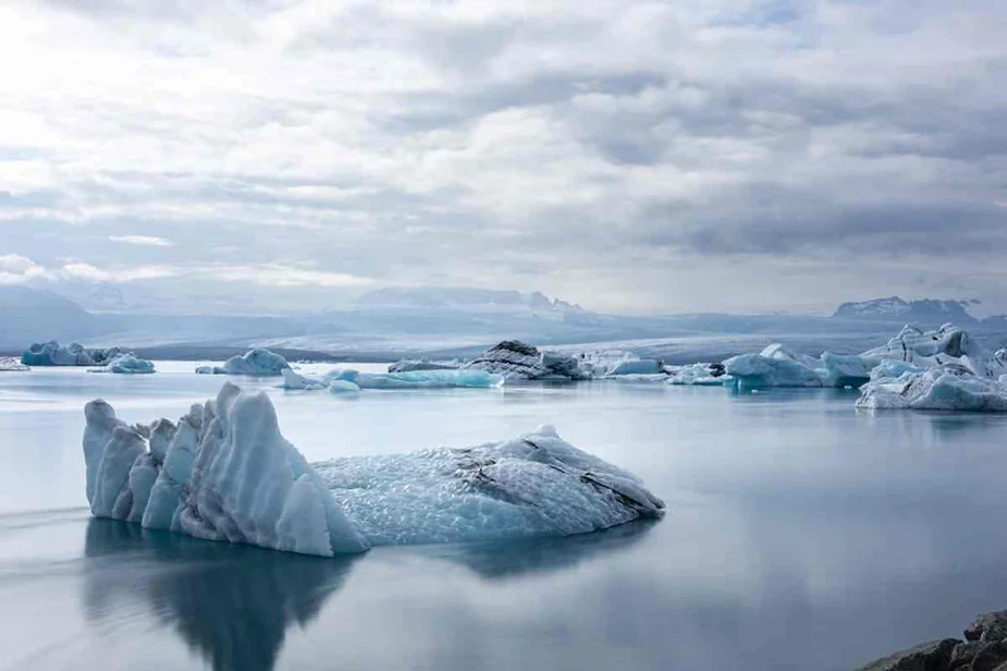 Icebergs floating peacefully in the calm waters of a glacial lagoon in Iceland under a cloudy sky.