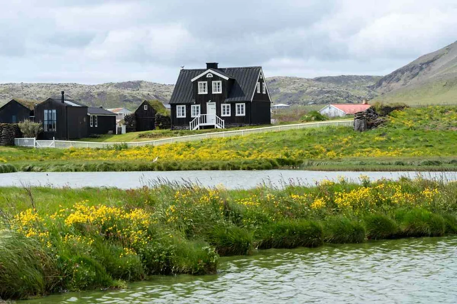 Charming black house with white trim and a matching black roof, situated near a pond surrounded by green grass and yellow wildflowers, with hilly terrain in the background.