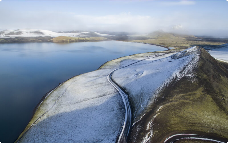 Aerial views of the Ring road of Iceland in a snowy landscape