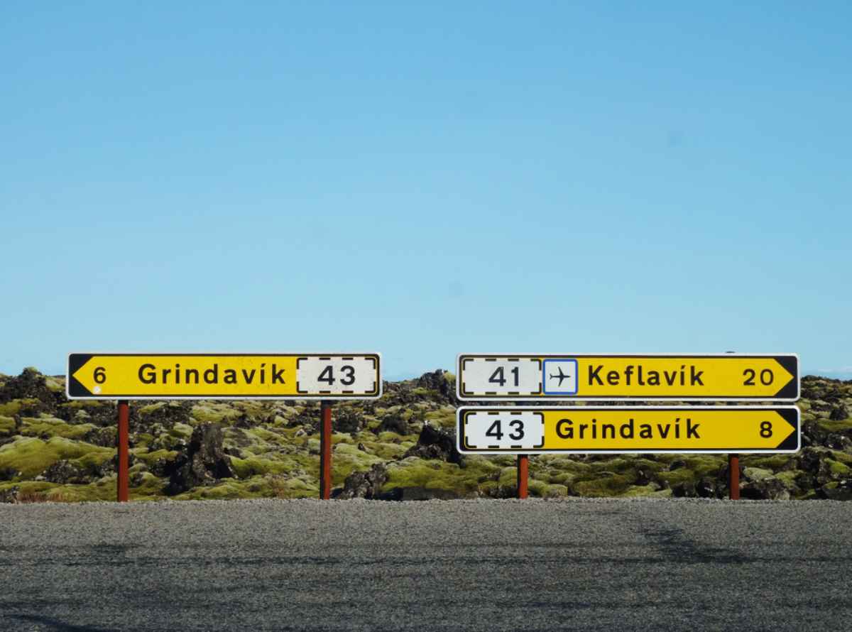 Road signs showing the way to Grindavik, Iceland