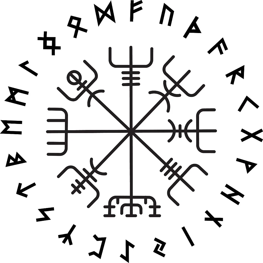 Icelandic magical stave Vegvísir symbol surrounded by runic alphabets.