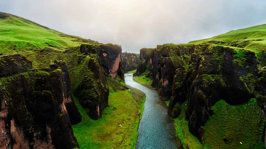 A breathtaking aerial view of the Fjaðrárgljúfur canyon in Iceland, with steep moss-covered cliffs and a winding river cutting through the lush green landscape.