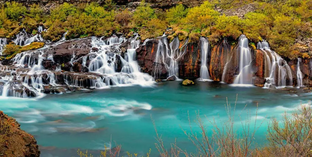 Scenic view of Hraunfossar waterfalls in Iceland, where clear blue water cascades over lava rocks into a turquoise river, surrounded by lush greenery.