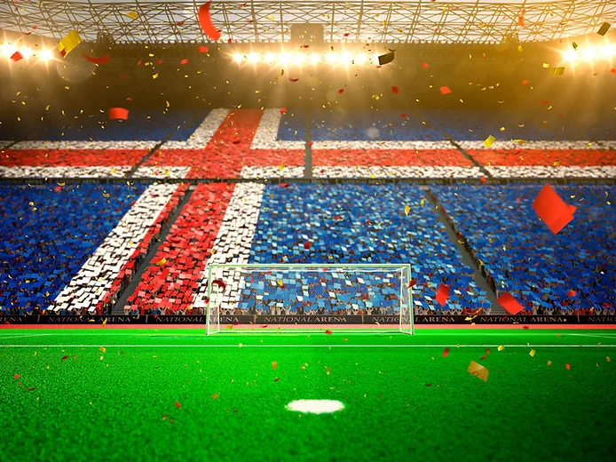 Football / soccer field filled with Iceland supporters