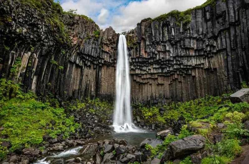 A stunning waterfall cascades down a cliff of dark basalt columns into a serene pool below, surrounded by lush green vegetation in a dramatic and unique volcanic landscape.