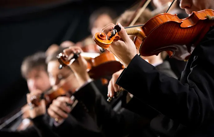 Iceland symphony orchestra, violin section playing