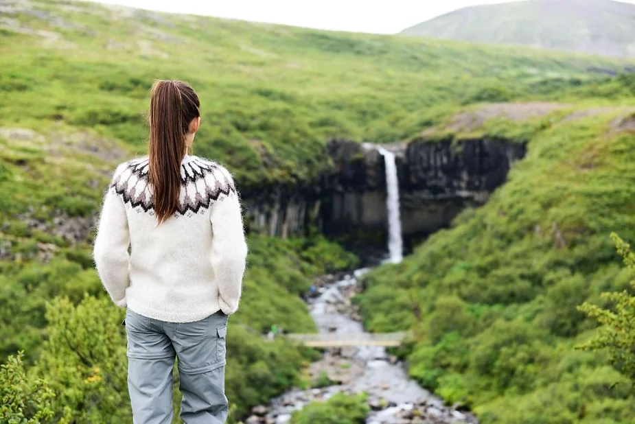 Back view of a woman wearing a traditional Icelandic sweater, standing in front of the scenic Svartifoss waterfall surrounded by lush greenery in Iceland