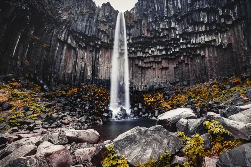 Scenic waterfall cascading down basalt columns at Svartifoss, Iceland, surrounded by rugged rocks and autumn foliage