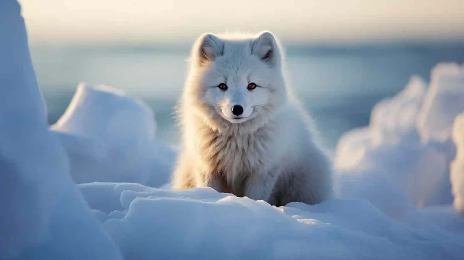 Adorable arctic fox with fluffy white fur sitting among snowdrifts in a serene, icy landscape at dusk.