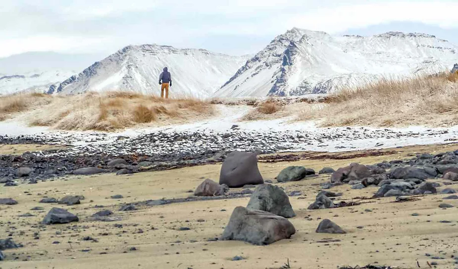 Lone figure standing on a snowy sand dune with snow-covered mountains in the background along Iceland’s rugged coastline.