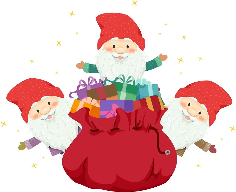 Illustration of the Icelandic Yule Lads, three cheerful gnomes with white beards and red hats, standing behind a large sack of colorful gifts