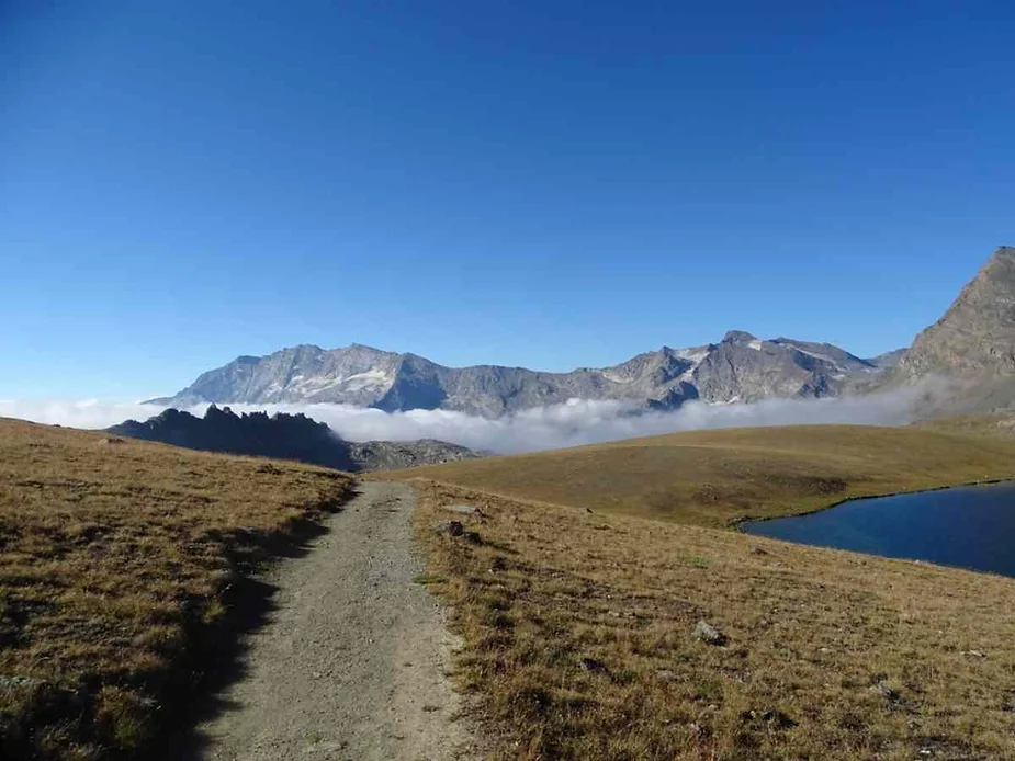 Mountain trail leading through a dry grassland with distant snow-capped peaks, fog rolling over the valley, and a clear blue sky above.