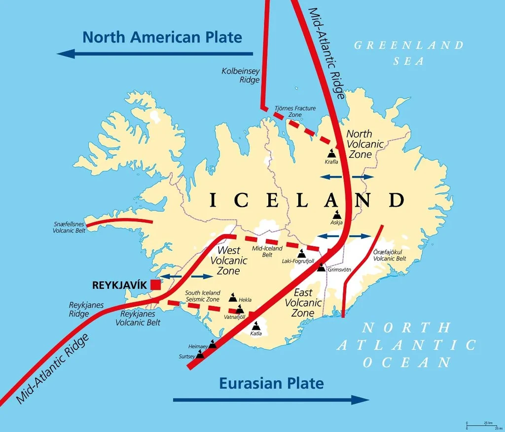 A detailed map of Iceland illustrating the island's geological features, including the North American and Eurasian tectonic plates and various volcanic zones.