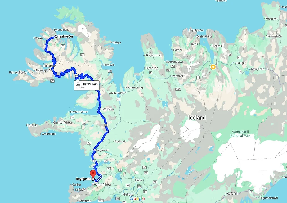 Map showing the driving route from Reykjavík to Ísafjörður in Iceland, spanning 414 kilometers through scenic landscapes and mountain passes.