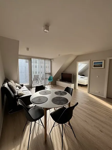 Modern apartment in downtown Reykjavik, Iceland, featuring a spacious living area, private balcony, and proximity to shops and cultural landmarks.