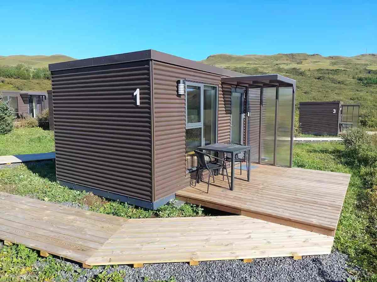 Giljaland Tiny House in Kirkjubæjarklaustur, South Iceland, featuring a private patio, eco-friendly design, and stunning mountain and valley views.