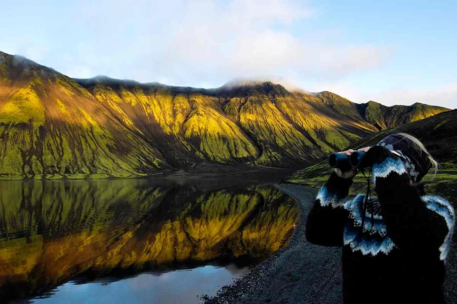 Person in traditional Icelandic sweater using binoculars while standing by the reflective waters of Langisjór Lake with golden-lit mountains in the background.