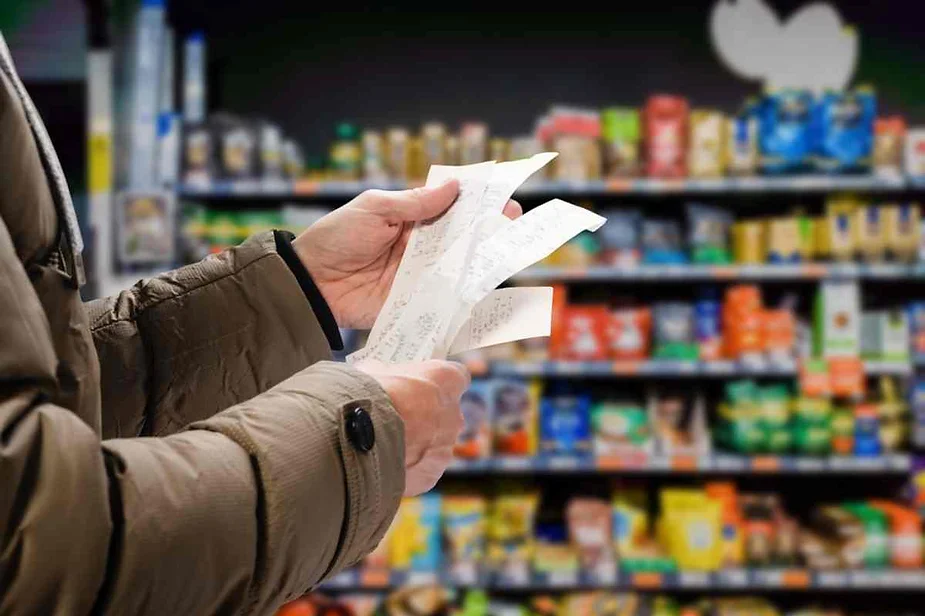 Hands holding multiple grocery receipts in front of a colorful supermarket aisle, highlighting budget-friendly grocery shopping tips in Iceland.