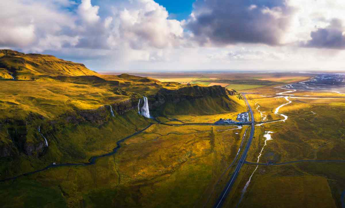 Aerial views of the Ring road through south Iceland